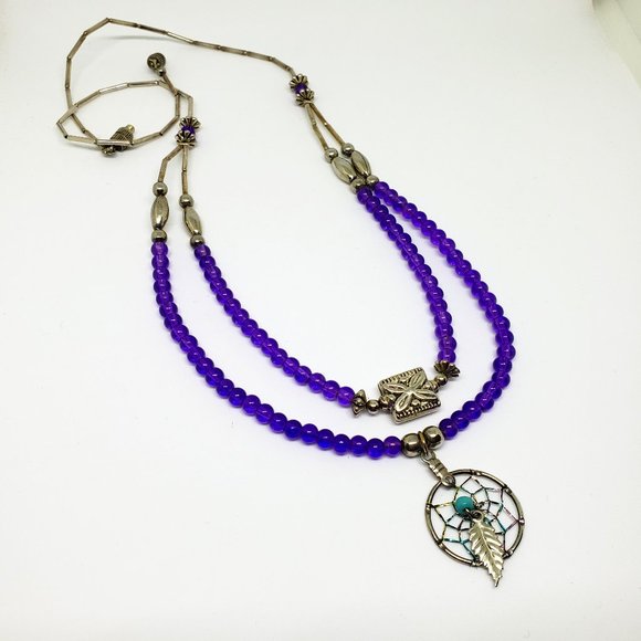 Sterling Silver Purple Bead Two Layer Dream Catcher Necklace Southwest Style - Picture 7 of 11